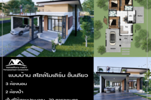 บ้าน 1 ชั้น 3 ห้องนอน 2 ห้องน้ำ พื้นที่ใช้สอยประมาณ 79 ตารางเมตร